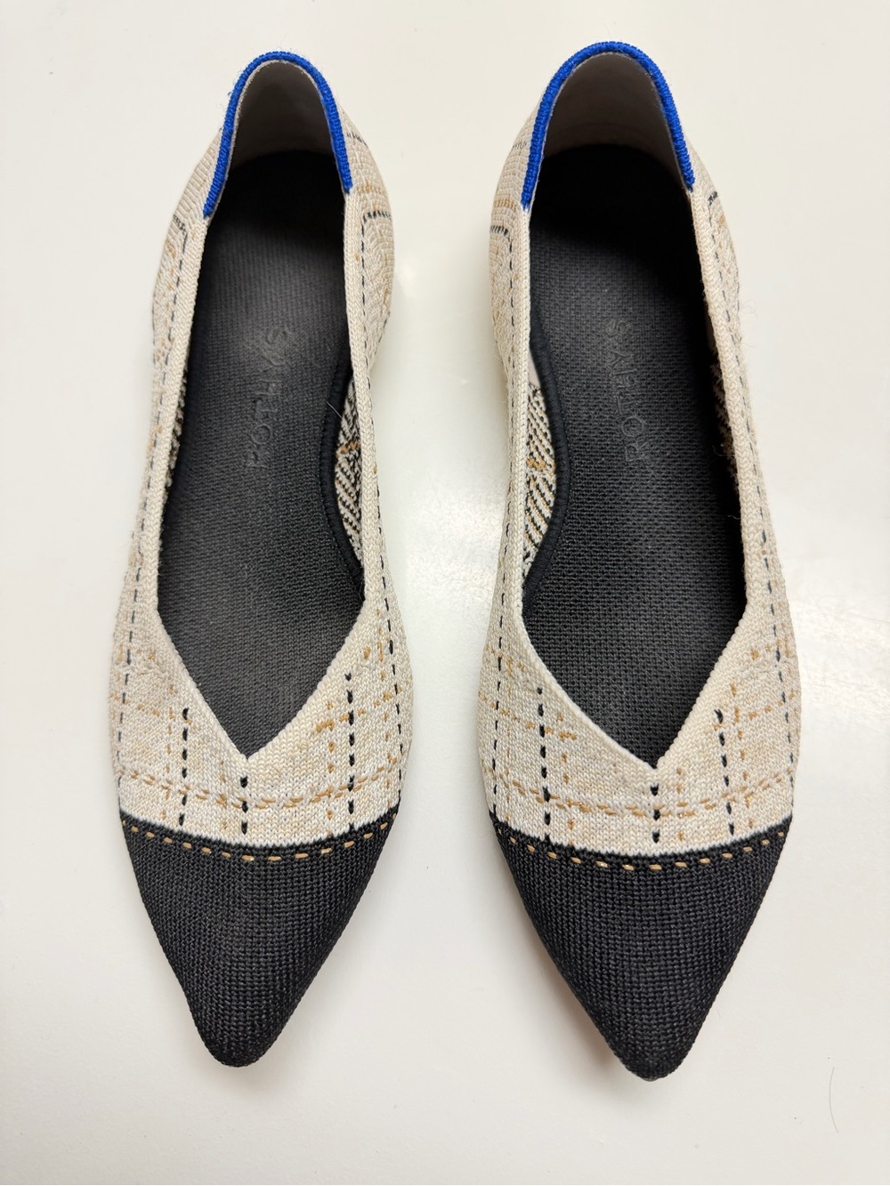 Rothy’s Black, Metallic Gold and Cream Flat